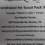 2/23 Spaghetti Dinner Fundraiser Ticket Deadline for Scout Pack 3411 Benton, TN