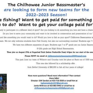 8/27 Chilhowee Junior Bassmaster’s Sign-ups Sugarloaf Park Benton, TN