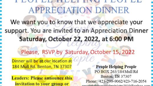 10/15 PHP Appreciation Dinner Benton, TN RSVP DEADLINE