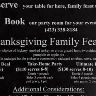 11/24 Thanksgiving Family Feasts Ocoee Dam Deli & Diner
