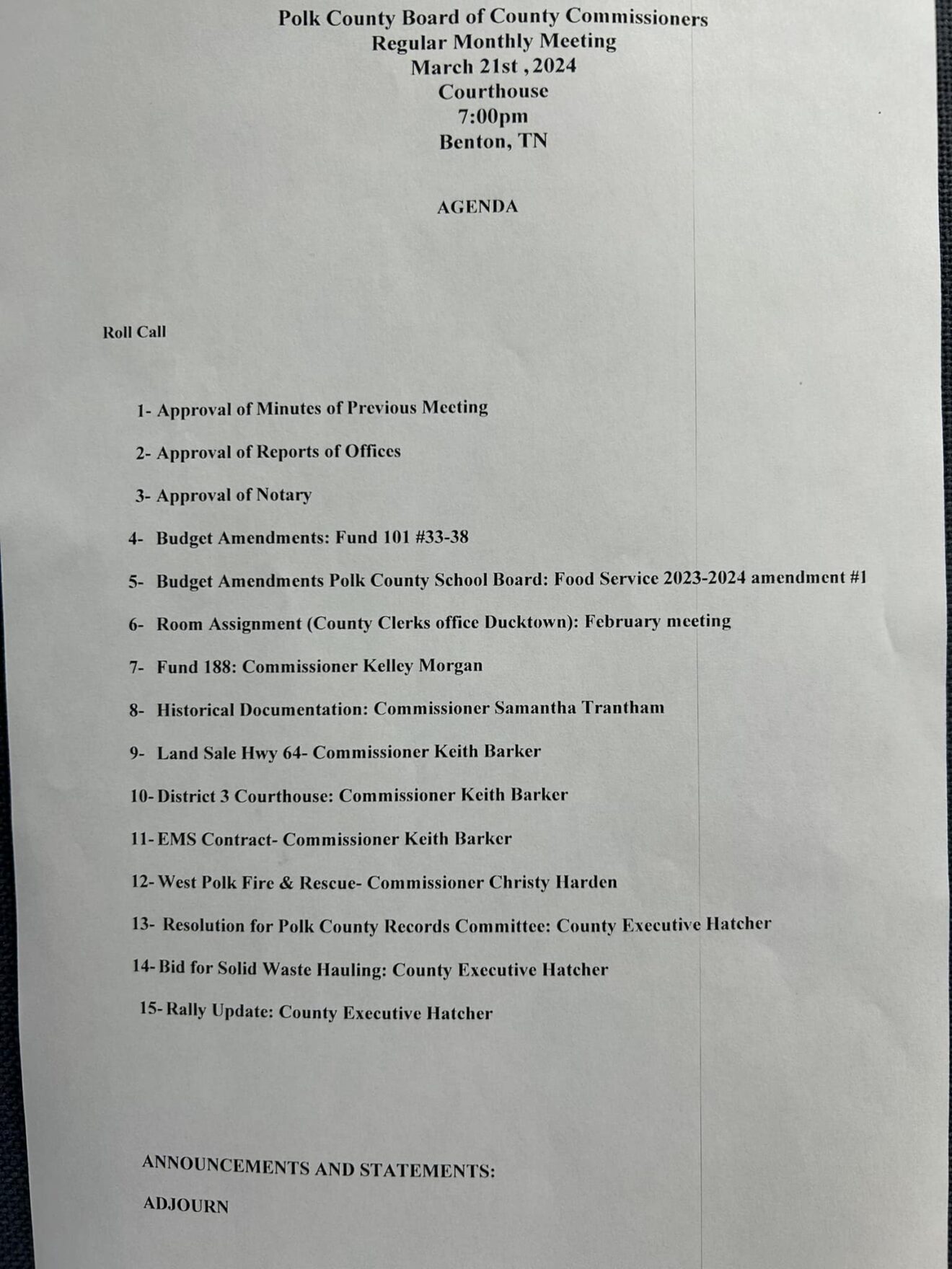 3/21 Polk County Commission Meeting Benton, TN Polk County Tennessee