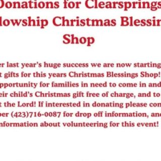 Clear Springs Fellowship Church is Collecting Items for Christmas Blessing Shop